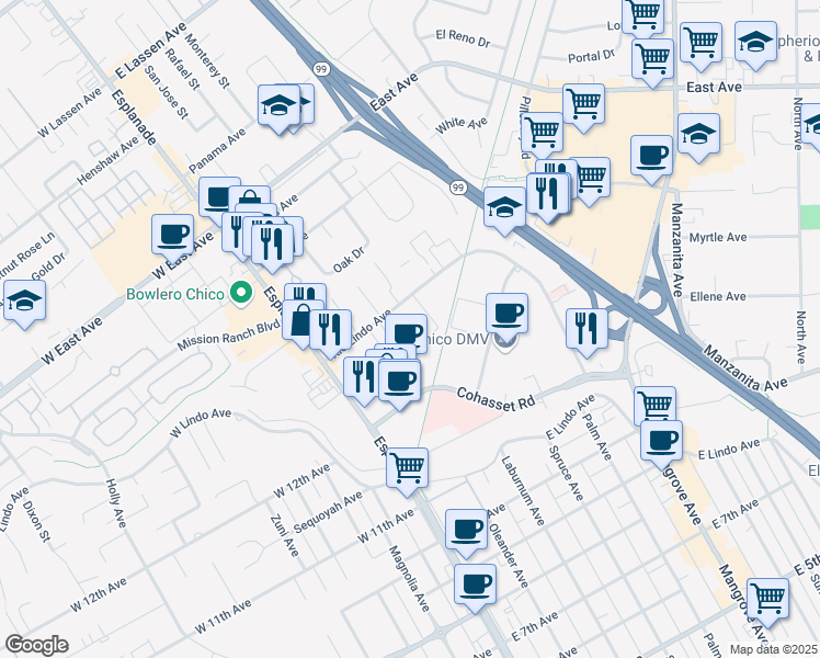 map of restaurants, bars, coffee shops, grocery stores, and more near 279 Rio Lindo Avenue in Chico