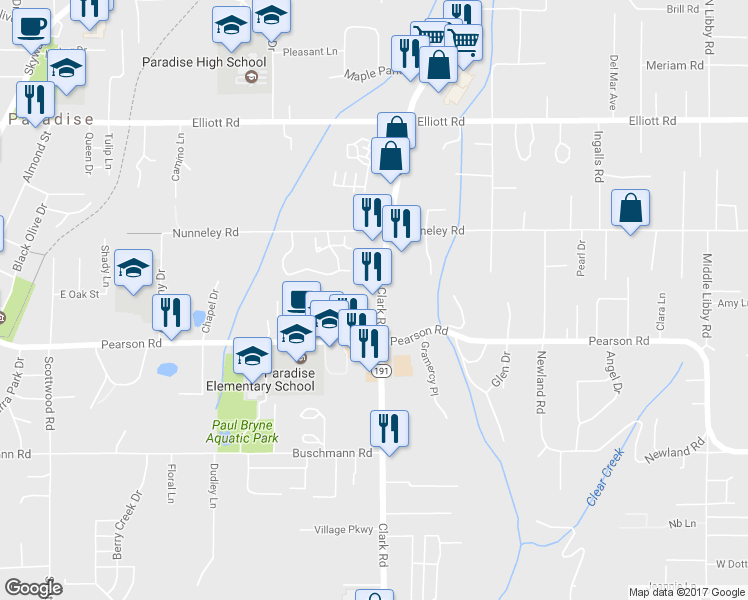 map of restaurants, bars, coffee shops, grocery stores, and more near 5791 Clark Road in Paradise