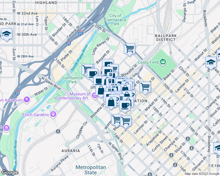 map of restaurants, bars, coffee shops, grocery stores, and more near 1650 Wewatta Street in Denver
