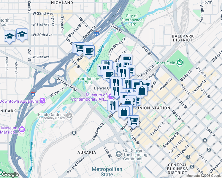 map of restaurants, bars, coffee shops, grocery stores, and more near 2000 16th Street Mall in Denver