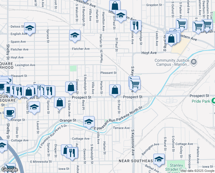 map of restaurants, bars, coffee shops, grocery stores, and more near 1022 Churchman Avenue in Indianapolis