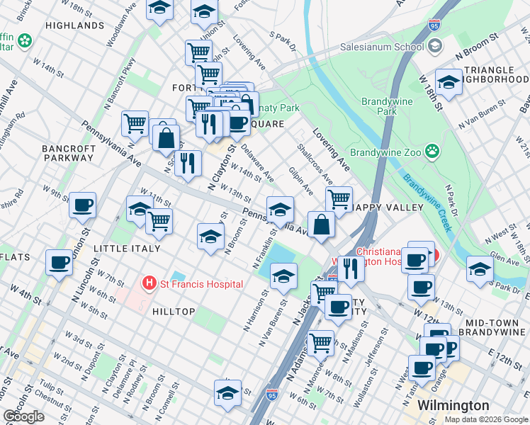 map of restaurants, bars, coffee shops, grocery stores, and more near 1308 West 13th Street in Wilmington