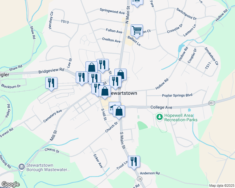 map of restaurants, bars, coffee shops, grocery stores, and more near 2 South Main Street in Stewartstown