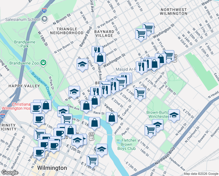 map of restaurants, bars, coffee shops, grocery stores, and more near 2218 North Tatnall Street in Wilmington