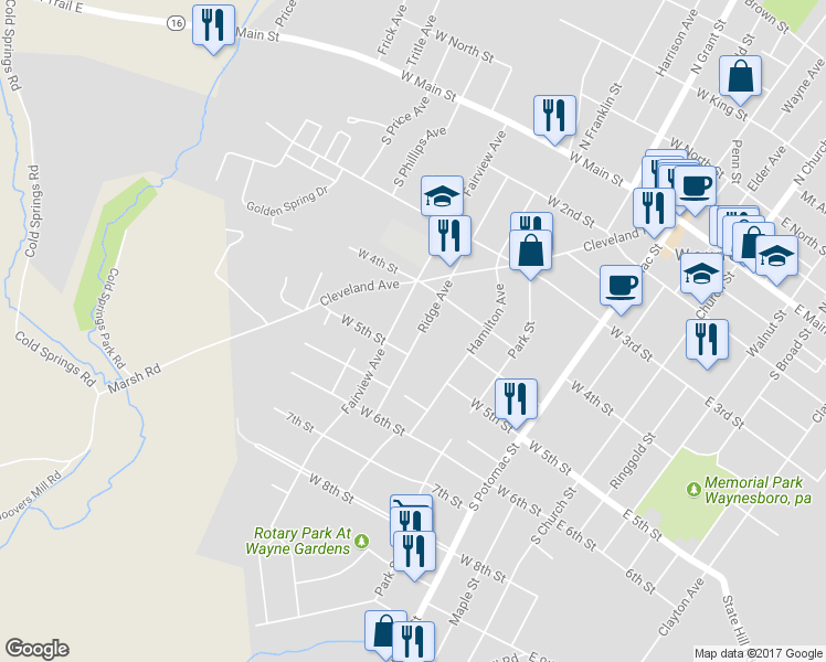map of restaurants, bars, coffee shops, grocery stores, and more near 344 Ridge Avenue in Waynesboro