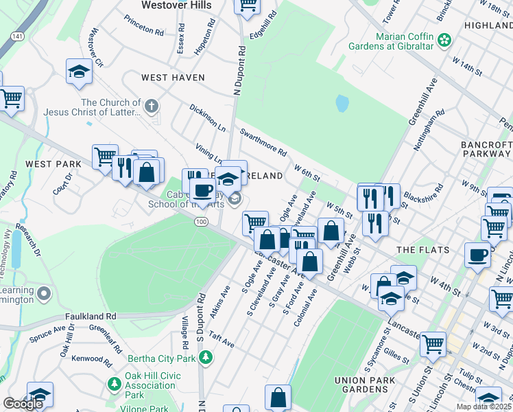 map of restaurants, bars, coffee shops, grocery stores, and more near 19 Corbin Court in Wilmington