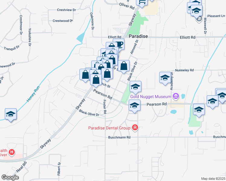 map of restaurants, bars, coffee shops, grocery stores, and more near 5577 Almond Street in Paradise
