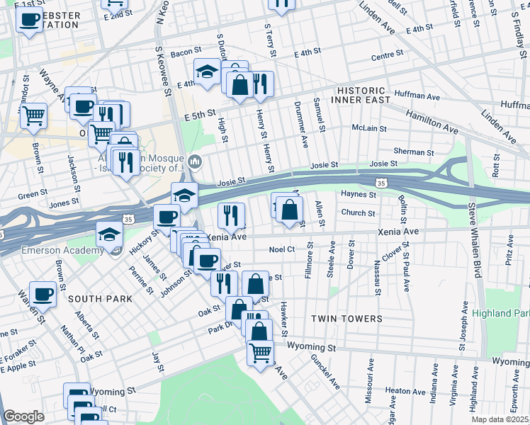 map of restaurants, bars, coffee shops, grocery stores, and more near 407 Ambrose Court in Dayton