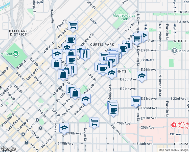 map of restaurants, bars, coffee shops, grocery stores, and more near 2501 Welton Street in Denver