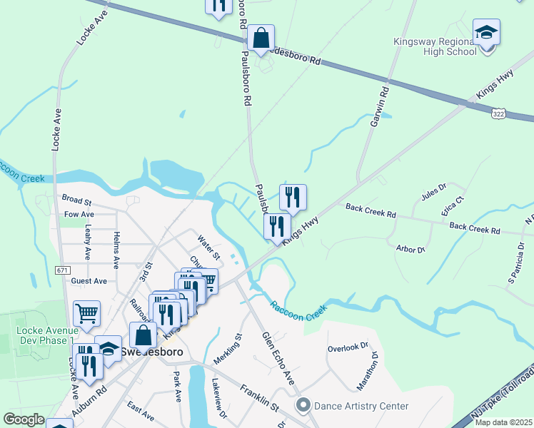 map of restaurants, bars, coffee shops, grocery stores, and more near Paulsboro Road in Swedesboro