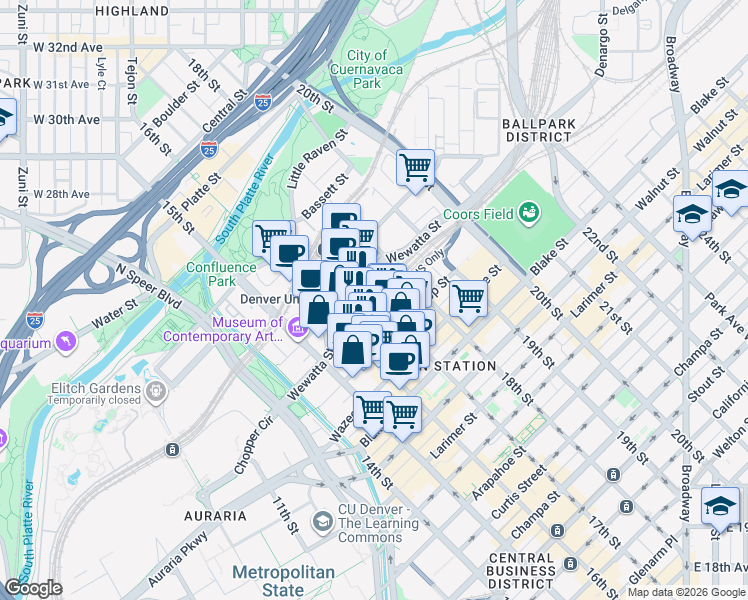 map of restaurants, bars, coffee shops, grocery stores, and more near in Denver