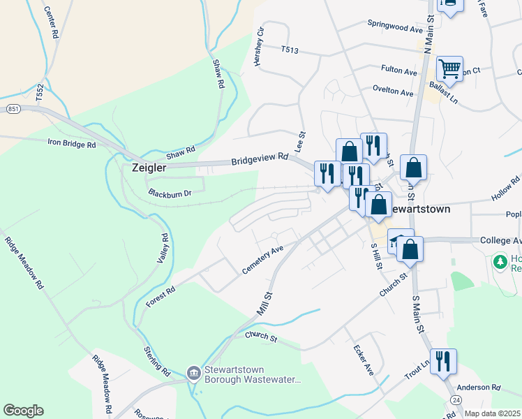 map of restaurants, bars, coffee shops, grocery stores, and more near 300 Bailey Drive in Stewartstown