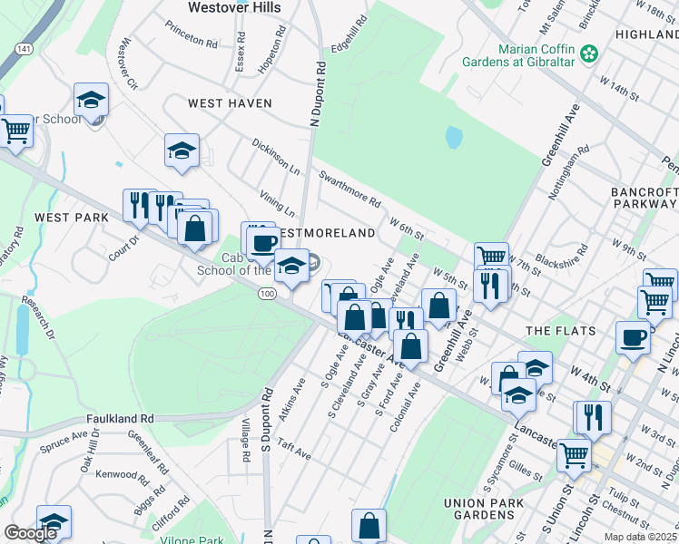 map of restaurants, bars, coffee shops, grocery stores, and more near 20 Corbin Court in Wilmington