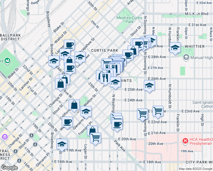 map of restaurants, bars, coffee shops, grocery stores, and more near 2541 Glenarm Place in Denver