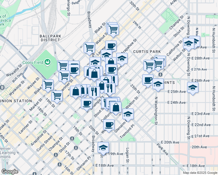 map of restaurants, bars, coffee shops, grocery stores, and more near in Denver