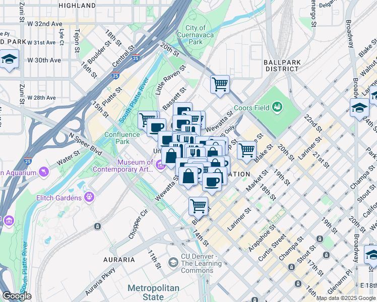 map of restaurants, bars, coffee shops, grocery stores, and more near in Denver