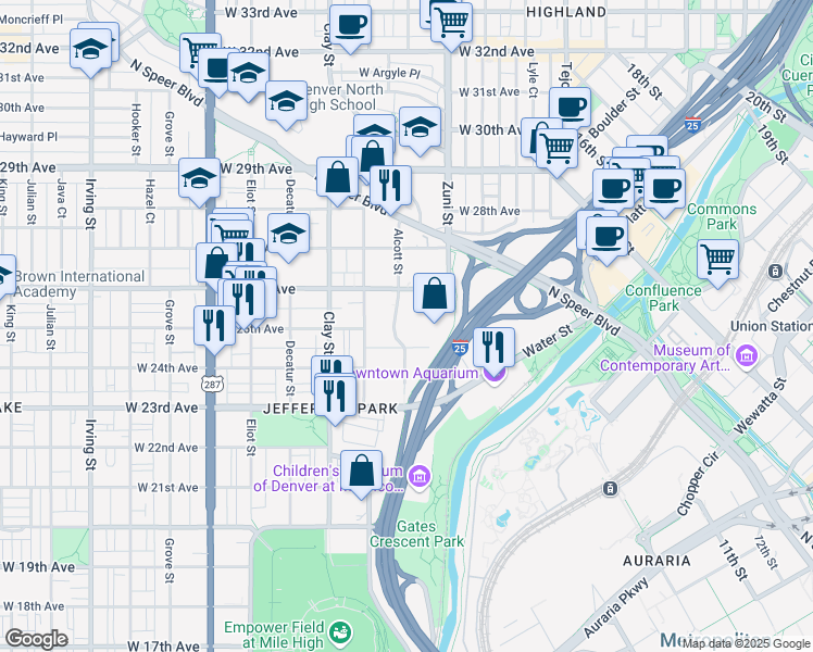 map of restaurants, bars, coffee shops, grocery stores, and more near 2450 Alcott Street in Denver