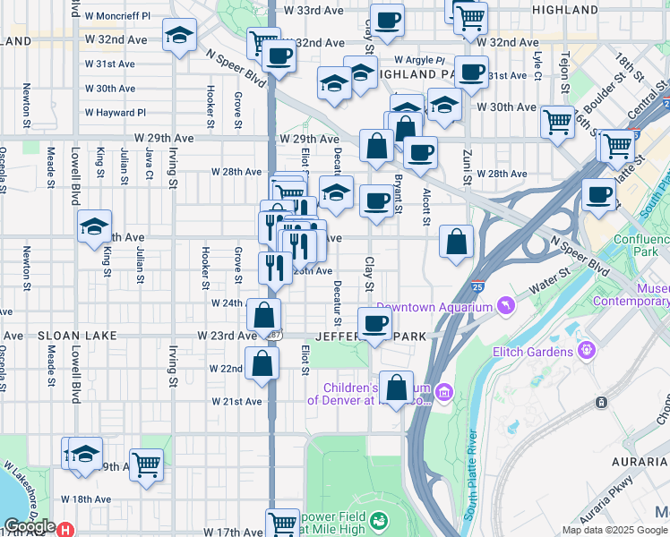 map of restaurants, bars, coffee shops, grocery stores, and more near 2810 West 25th Avenue in Denver