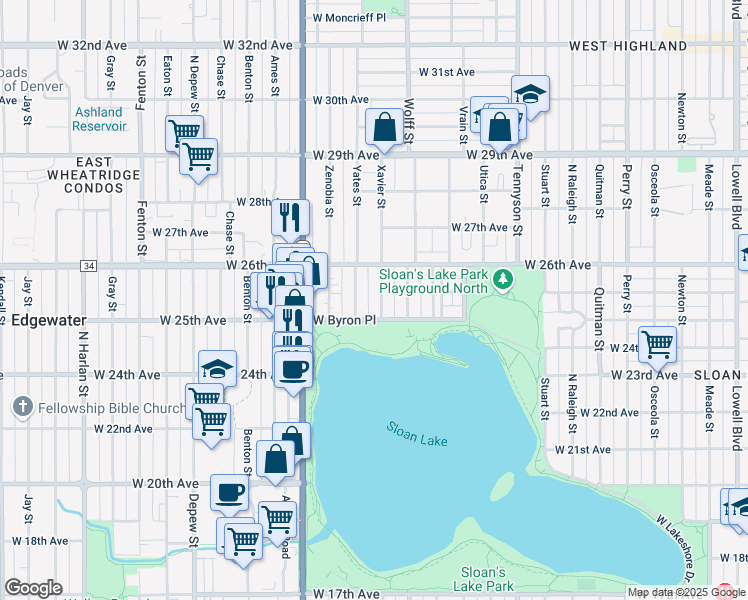 map of restaurants, bars, coffee shops, grocery stores, and more near 4839 West Byron Place in Denver