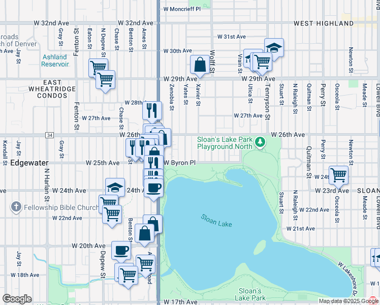 map of restaurants, bars, coffee shops, grocery stores, and more near 4939 West Byron Place in Denver