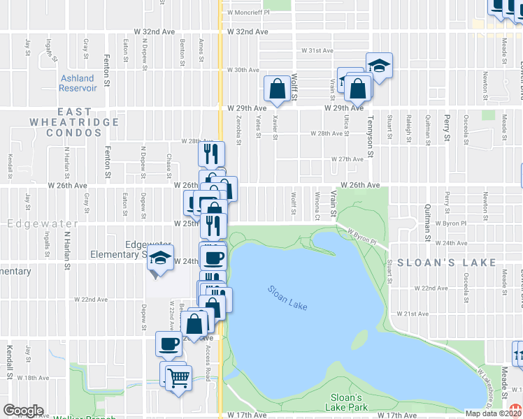 map of restaurants, bars, coffee shops, grocery stores, and more near 4939 West Byron Place in Denver