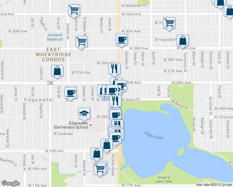 map of restaurants, bars, coffee shops, grocery stores, and more near 5280 West 25th Avenue in Edgewater