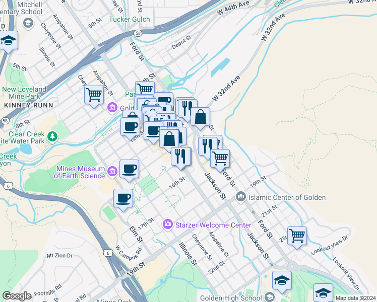 map of restaurants, bars, coffee shops, grocery stores, and more near 759 15th Street in Golden