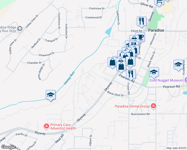 map of restaurants, bars, coffee shops, grocery stores, and more near 544 Horseshoe Hill Drive in Paradise
