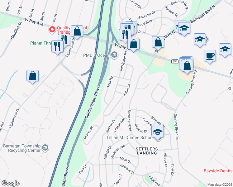 map of restaurants, bars, coffee shops, grocery stores, and more near 76 Robin Lane in Barnegat Township