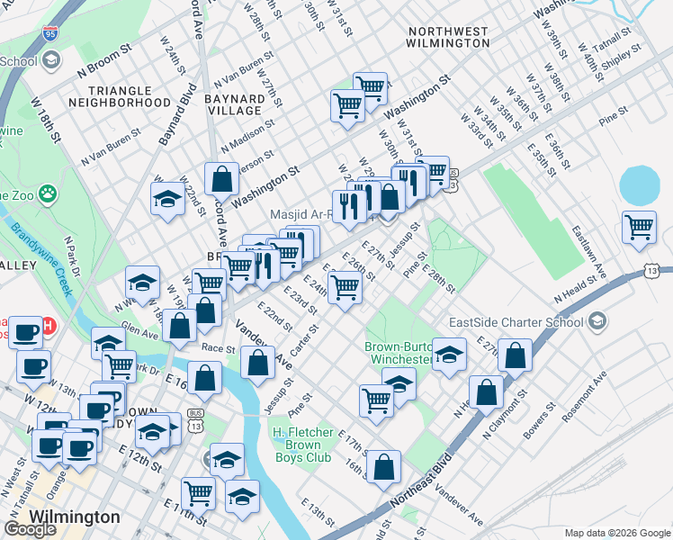 map of restaurants, bars, coffee shops, grocery stores, and more near 114 East 25th Street in Wilmington