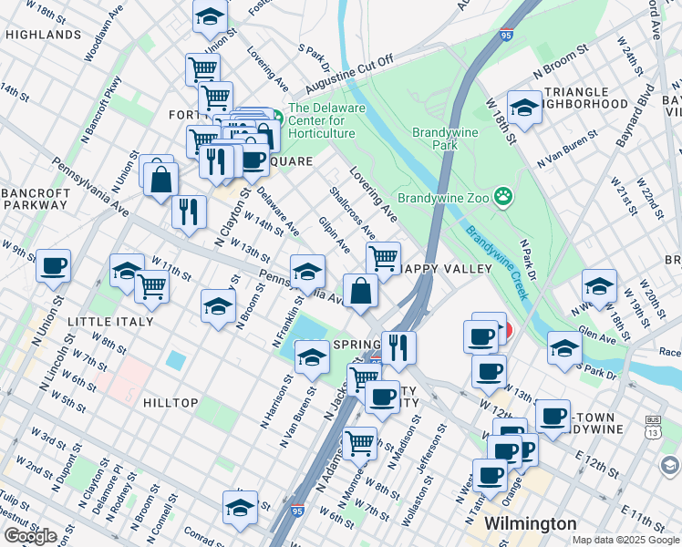 map of restaurants, bars, coffee shops, grocery stores, and more near 1201 North Harrison Street in Wilmington
