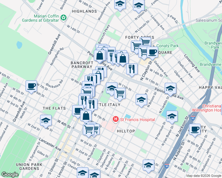 map of restaurants, bars, coffee shops, grocery stores, and more near 901 North Dupont Street in Wilmington
