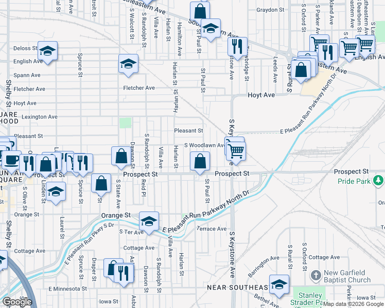 map of restaurants, bars, coffee shops, grocery stores, and more near 1046 Saint Paul Street in Indianapolis