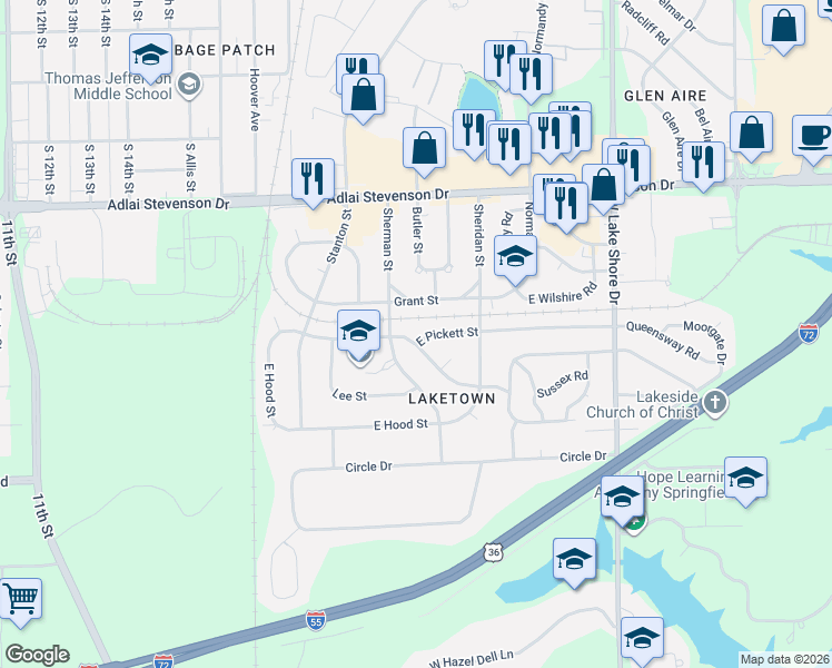 map of restaurants, bars, coffee shops, grocery stores, and more near 2001-2099 E Buchanan St in Springfield