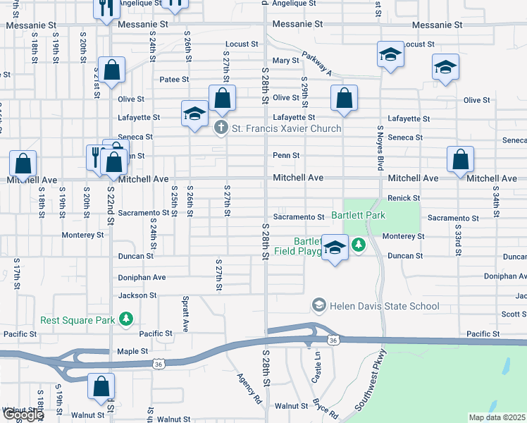 map of restaurants, bars, coffee shops, grocery stores, and more near 2731 Sacramento Street in St. Joseph