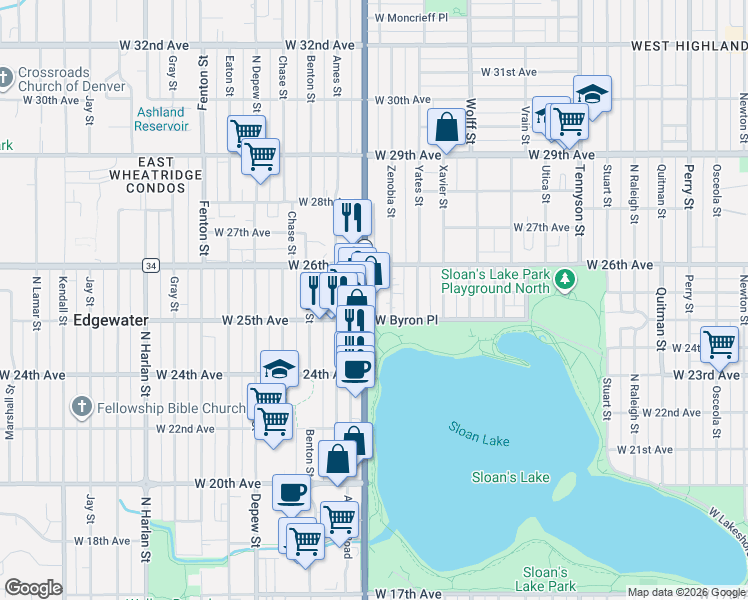map of restaurants, bars, coffee shops, grocery stores, and more near 2536 Sheridan Boulevard in Denver