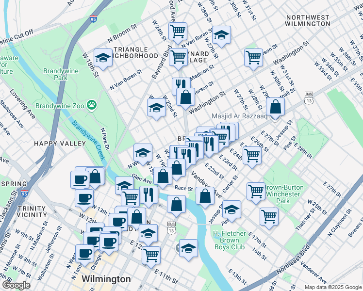 map of restaurants, bars, coffee shops, grocery stores, and more near 2020 Tatnall Street in Wilmington