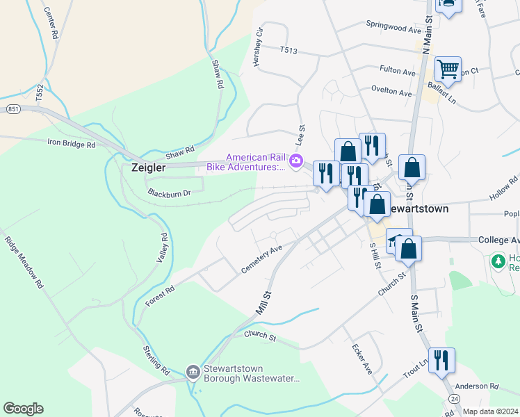 map of restaurants, bars, coffee shops, grocery stores, and more near 506 Marshview Road in Stewartstown