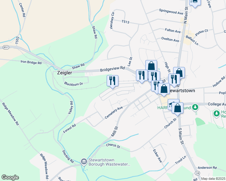 map of restaurants, bars, coffee shops, grocery stores, and more near 506 Marshview Road in Stewartstown