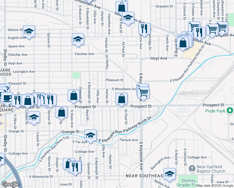 map of restaurants, bars, coffee shops, grocery stores, and more near 1046 Saint Paul Street in Indianapolis