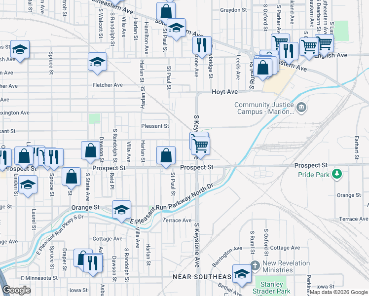 map of restaurants, bars, coffee shops, grocery stores, and more near 1017 Saint Peter Street in Indianapolis