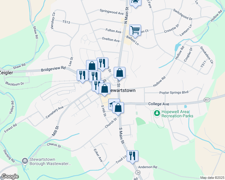 map of restaurants, bars, coffee shops, grocery stores, and more near 7 West Pennsylvania Avenue in Stewartstown