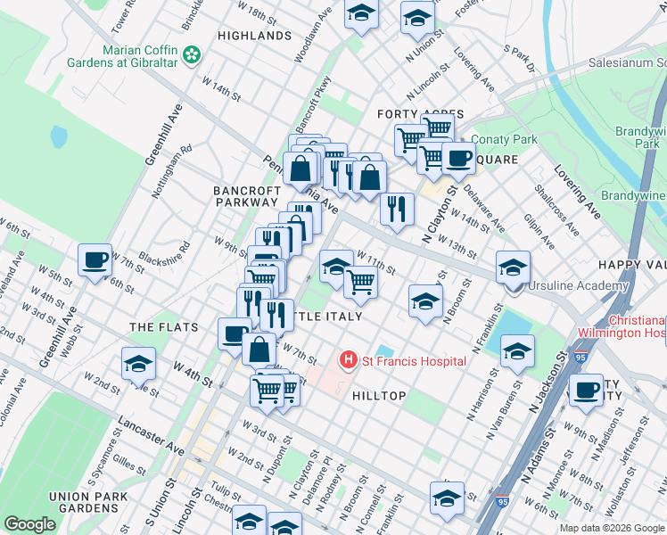 map of restaurants, bars, coffee shops, grocery stores, and more near 901 North Dupont Street in Wilmington