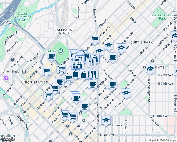 map of restaurants, bars, coffee shops, grocery stores, and more near 2101 Arapahoe Street in Denver