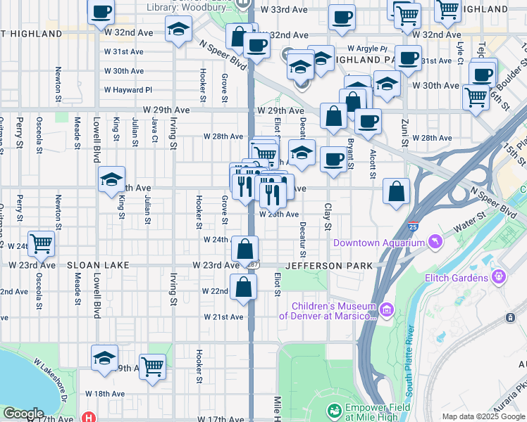 map of restaurants, bars, coffee shops, grocery stores, and more near 2920 West 26th Avenue in Denver