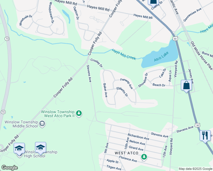 map of restaurants, bars, coffee shops, grocery stores, and more near 134 Baker Avenue in Atco
