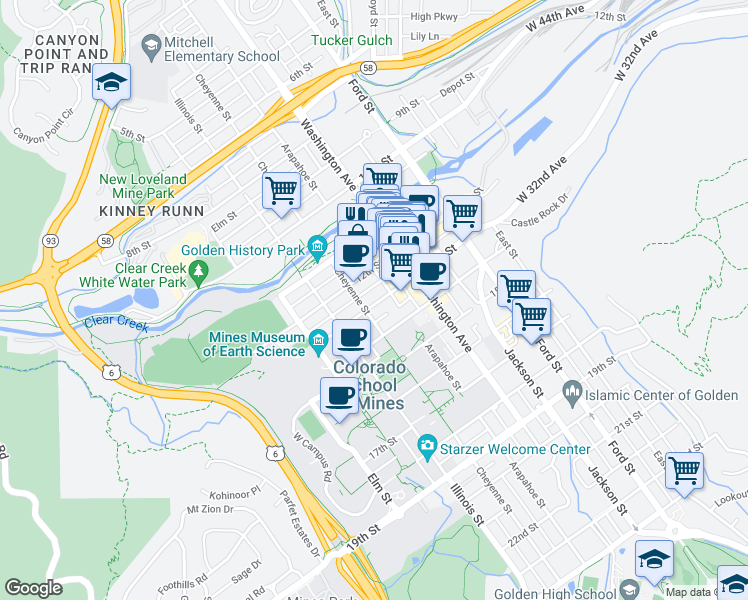 map of restaurants, bars, coffee shops, grocery stores, and more near 914 13th Street in Golden