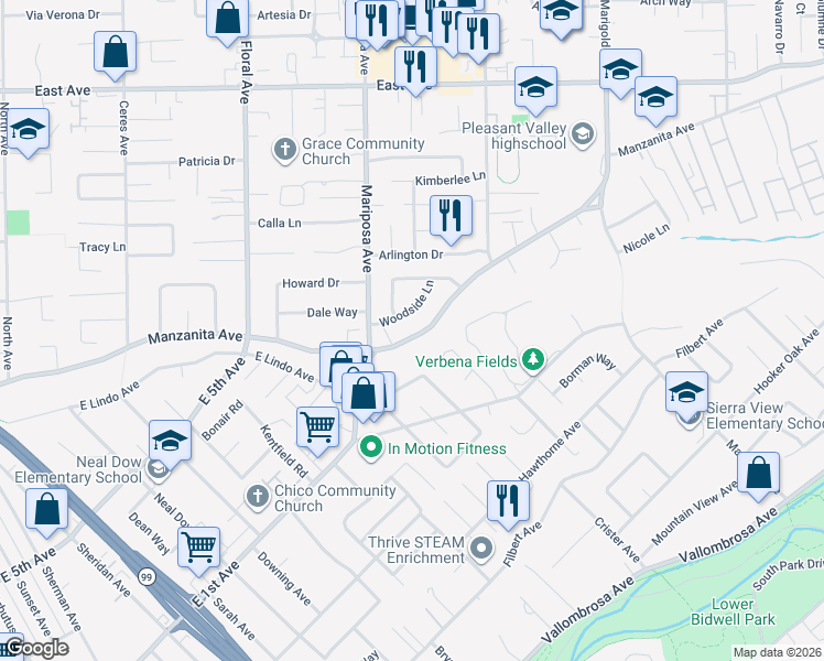 map of restaurants, bars, coffee shops, grocery stores, and more near 1362 Manzanita Avenue in Chico