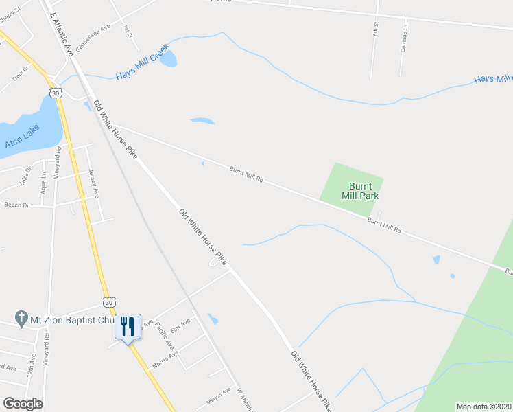map of restaurants, bars, coffee shops, grocery stores, and more near 719 Burnt Mill Road in Voorhees Township