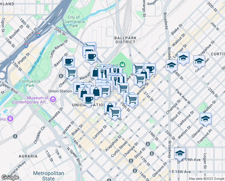 map of restaurants, bars, coffee shops, grocery stores, and more near 1962 Wazee Street in Denver